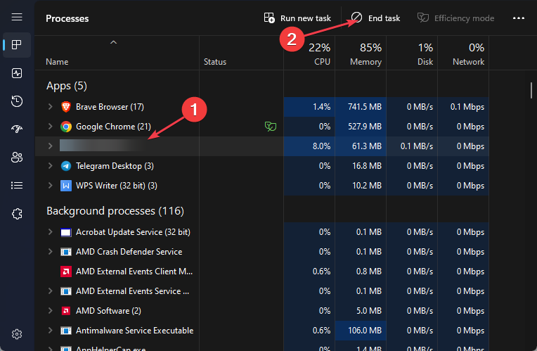 Диспетчер задач Windows с выделенным процессом для завершения