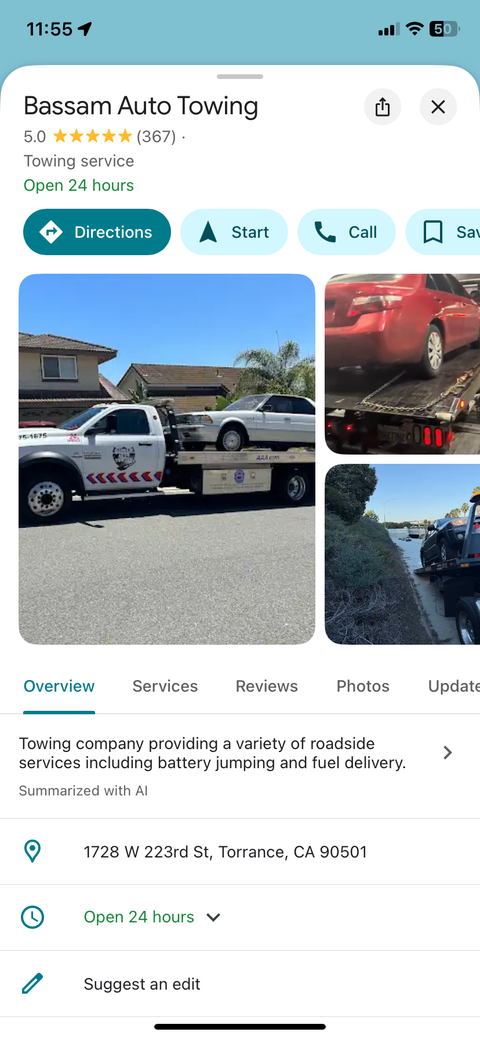 Пример карточки эвакуатора с открытой вкладкой Обзор на мобильном устройстве