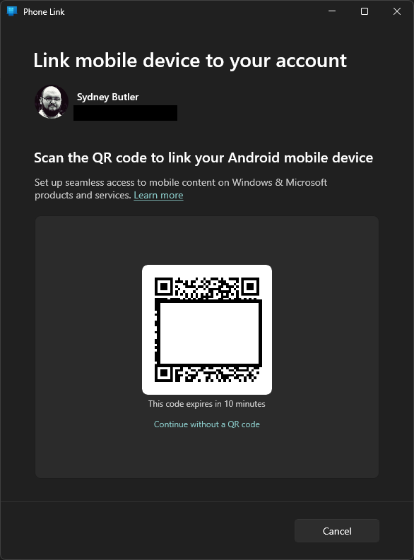 Экран запуска Phone Link с QR‑кодом.