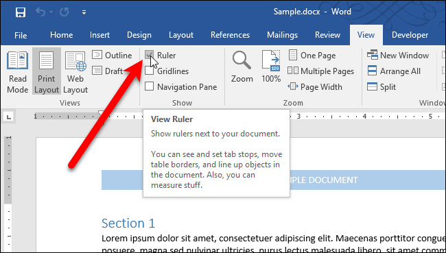 Флажок Линейка в разделе Показать