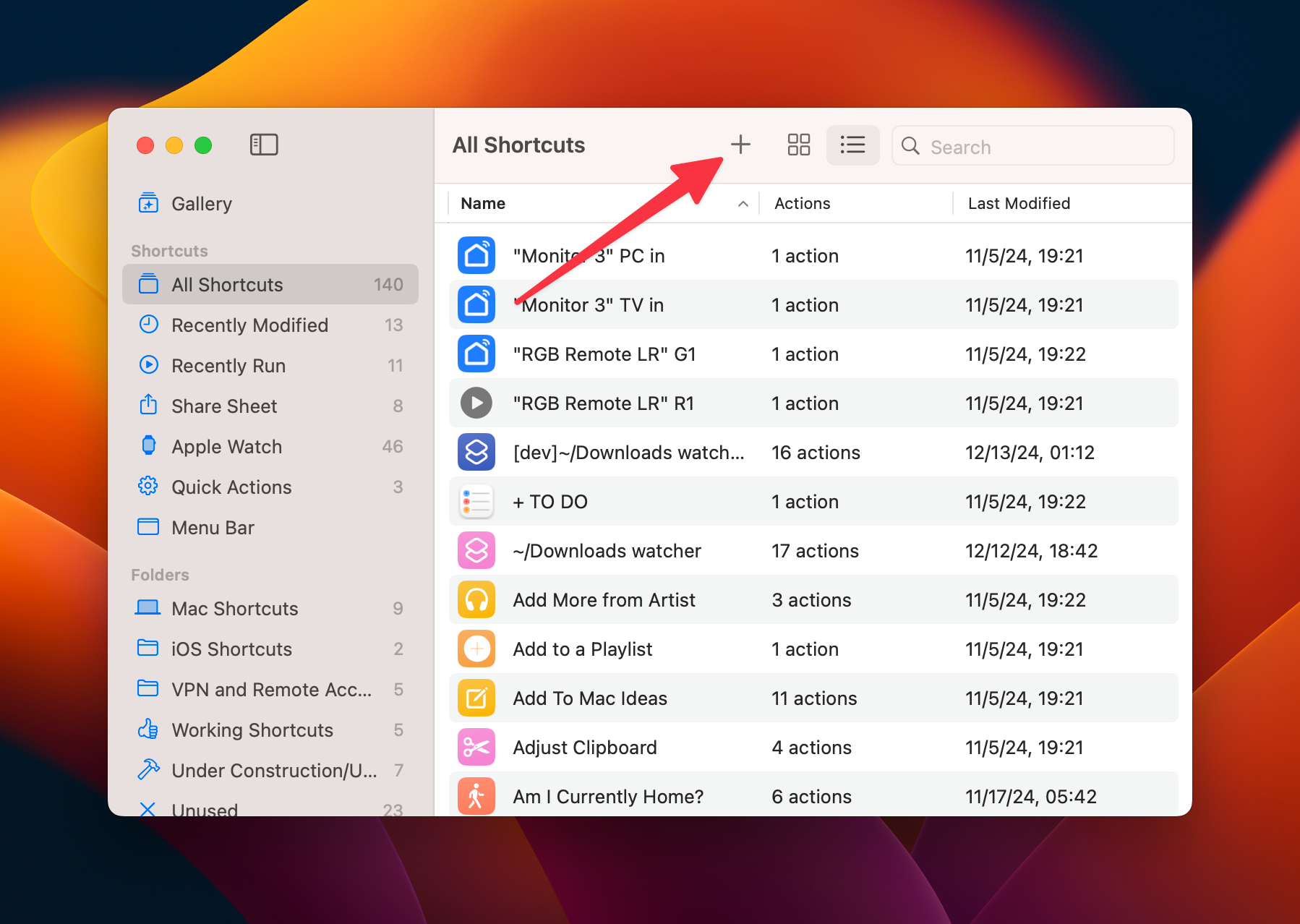 Добавление нового Apple Shortcut.