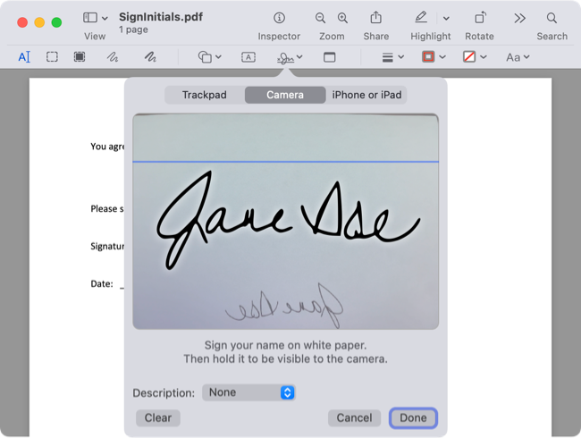 Пример подписи, захваченной камерой на Mac