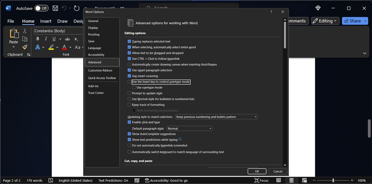 Отключение режима замены в Word