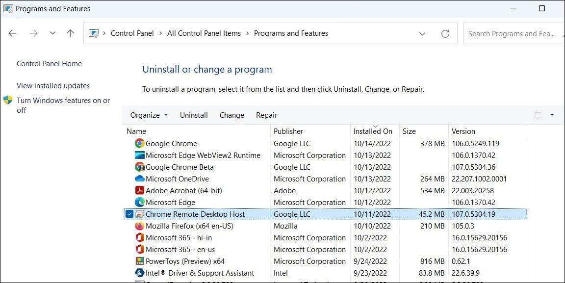 Восстановление программы через Панель управления в Windows