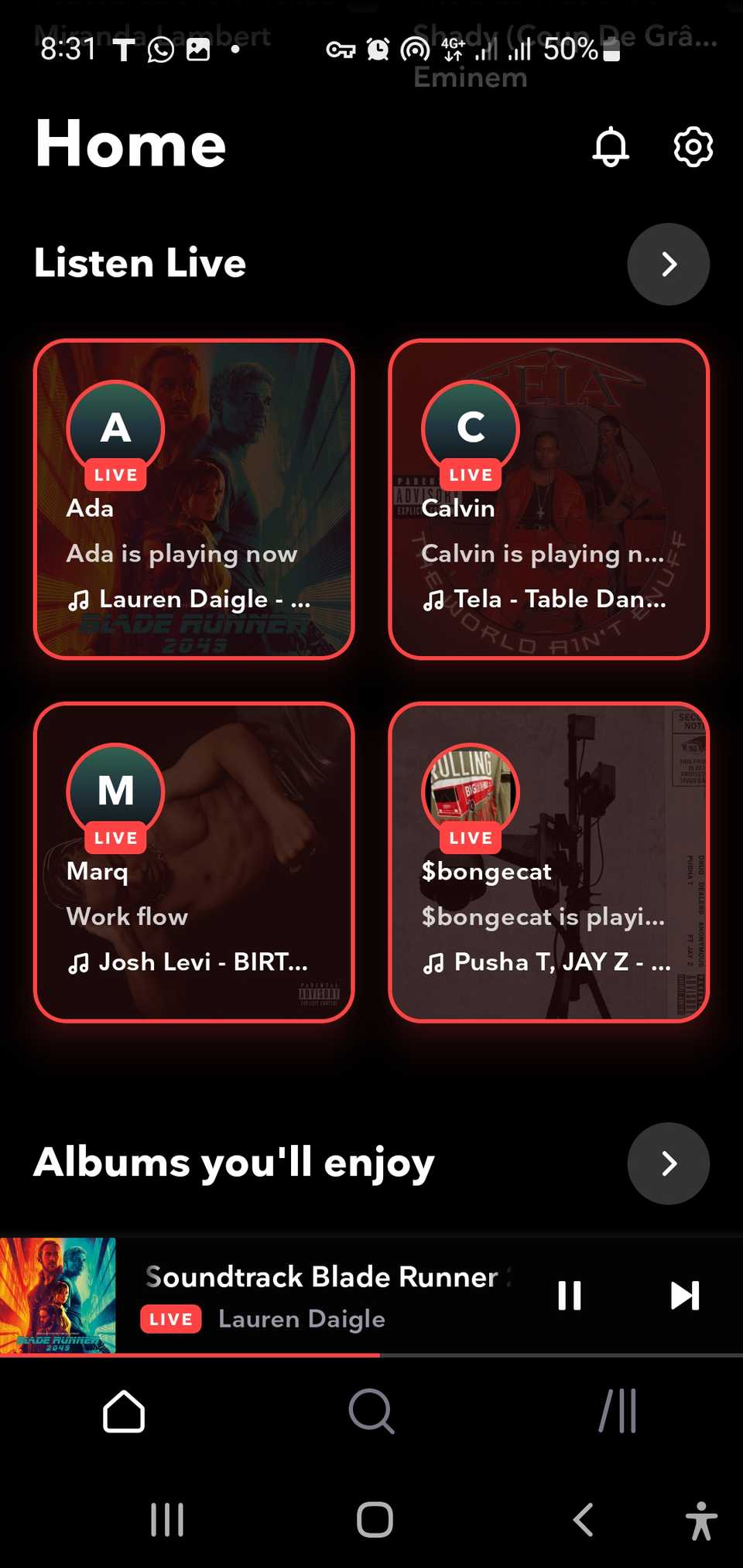 Раздел Listen Live на домашней странице Tidal