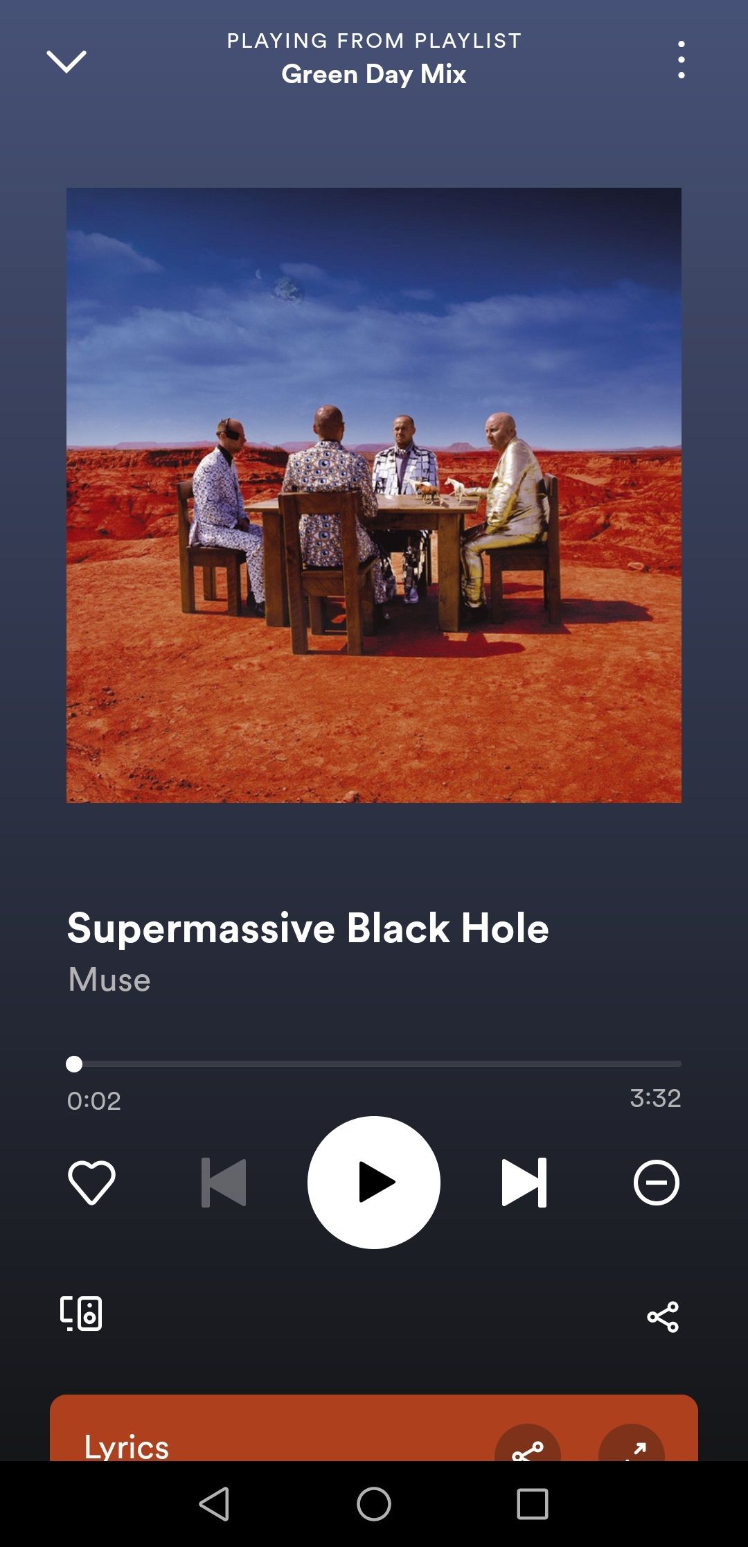 Песня отмечена как понравившаяся — скриншот плеера Spotify