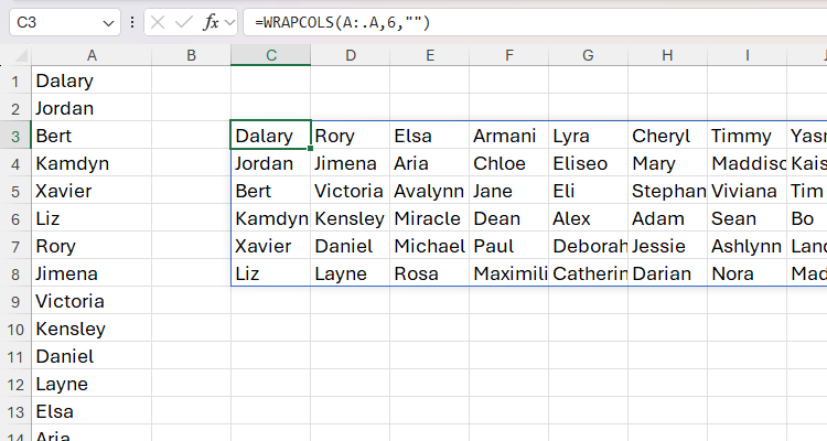 列 A 全体をトリム参照で参照している WRAPCOLS のスクリーンショット