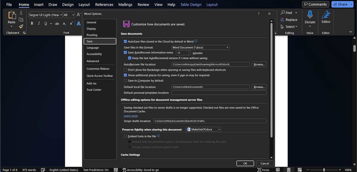 Настройка автосохранения Word