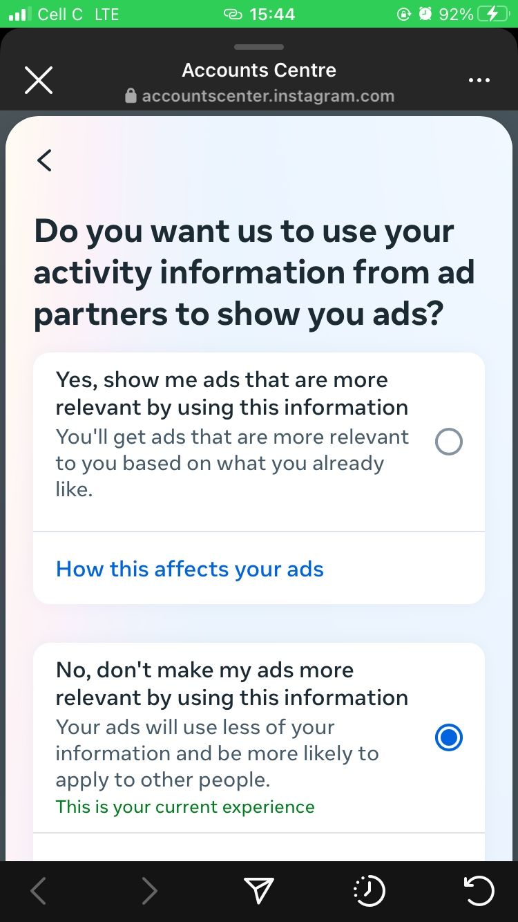 disabling personalized ads on Instagram's mobile app