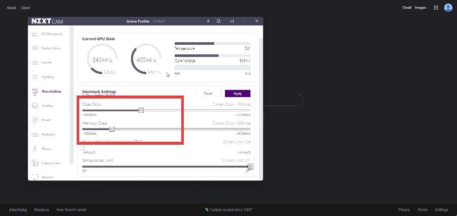 Ползунки частот в NZXT CAM