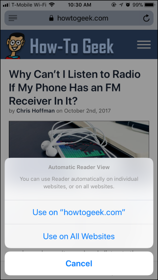 Выбор параметра использования Режима чтения на iPad