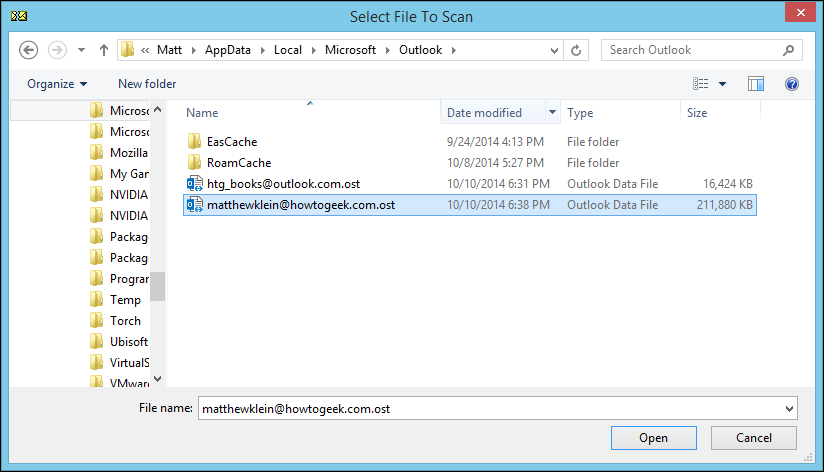 Выбор .PST файла для проверки в утилите ScanPST