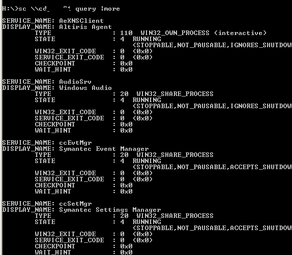 Вывод команды sc query с состоянием служб