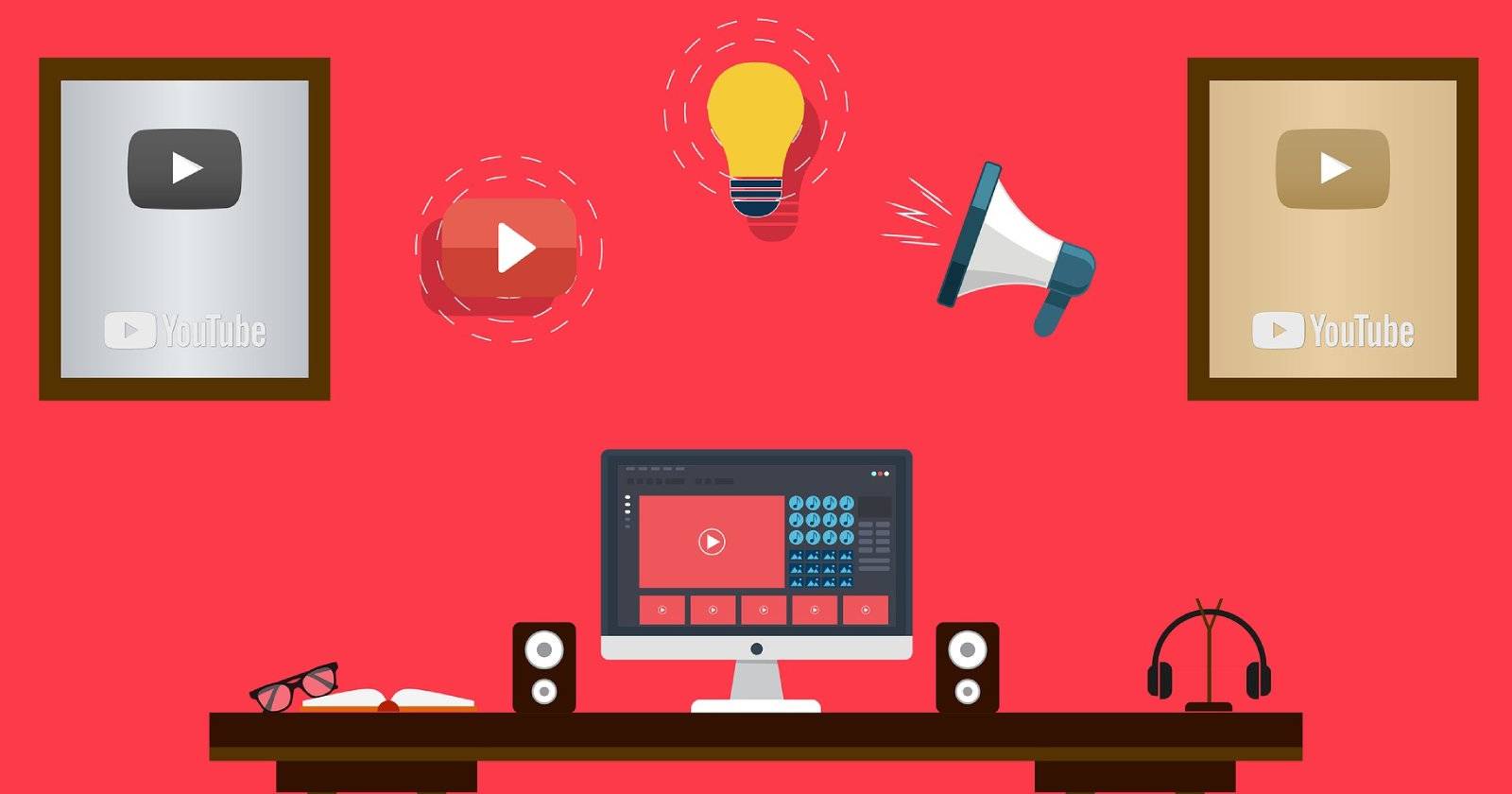 Нарисованное изображение: компьютер на столе с интерфейсом YouTube, иконки YouTube на стене