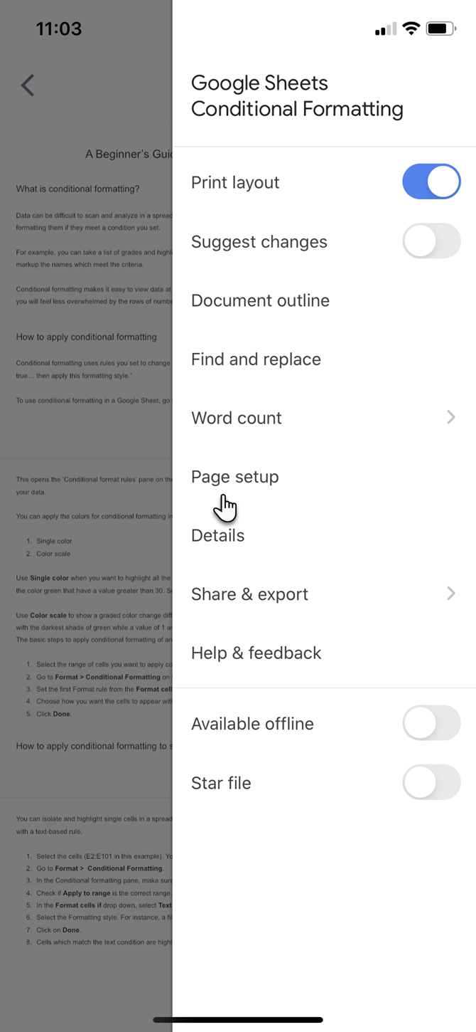 Ориентация страницы в мобильном приложении Google Docs
