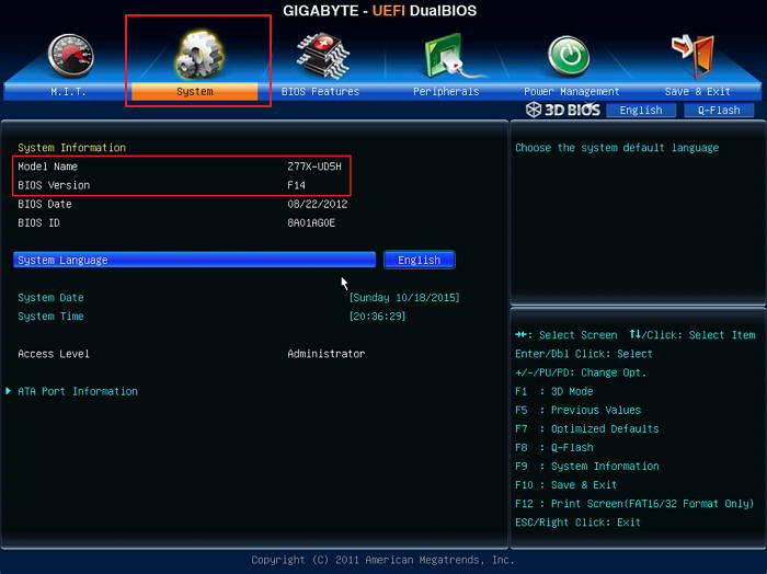 Страница BIOS Gigabyte с информацией о версии и модели платы