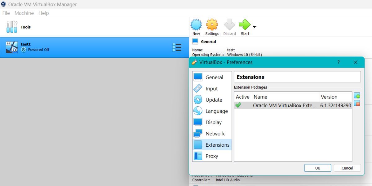 Проверка установленных пакетов расширений в VirtualBox