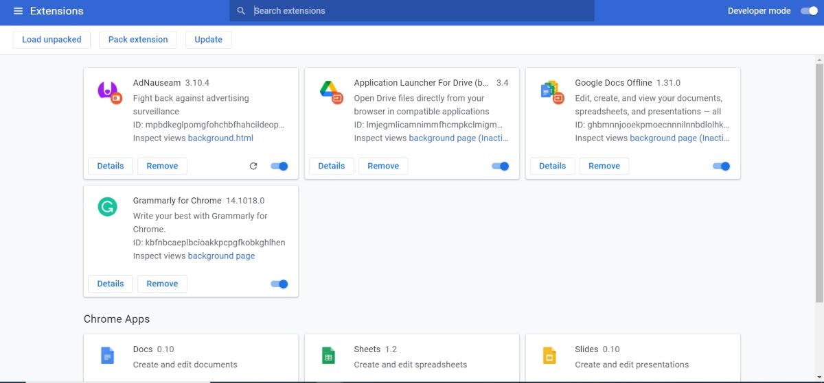 Страница расширений Chrome с включённым режимом разработчика