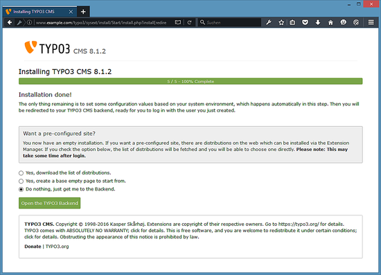 Установка TYPO3 завершена.