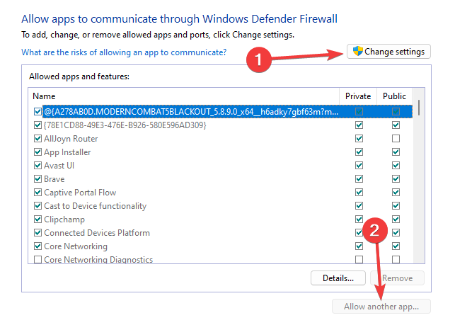 Кнопка «Разрешить другое приложение» в настройках брандмауэра