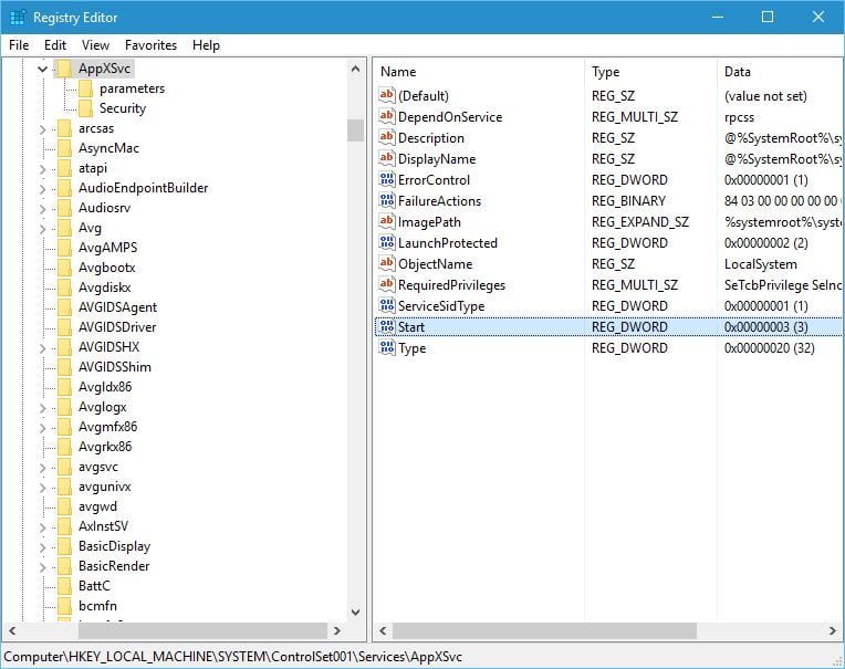 Раздел AppXSvc в редакторе реестра