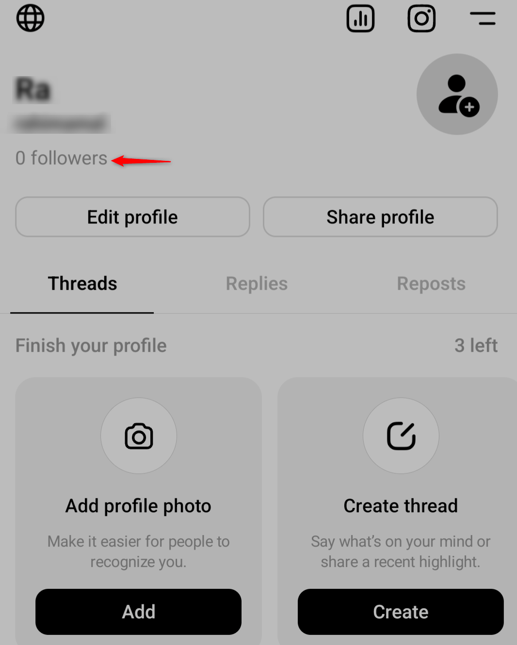 Стрелка указывает на раздел «Подписчики» в профиле Threads.