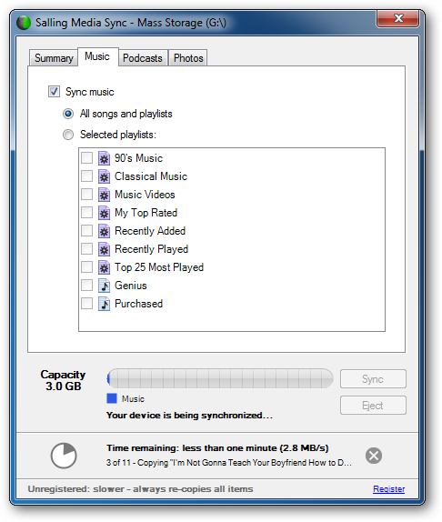 Вкладка Музыка и кнопка синхронизации в приложении