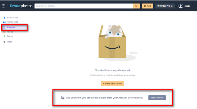 Меню выбора папок для создания альбомов в Prime Photos