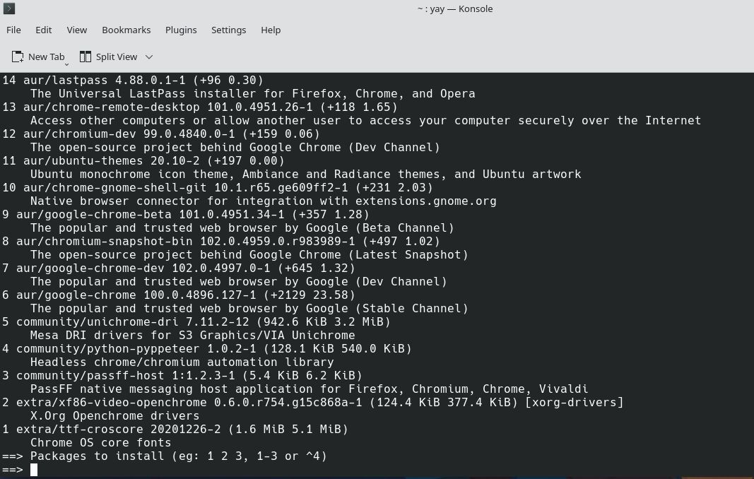 Поиск пакетов с помощью yay