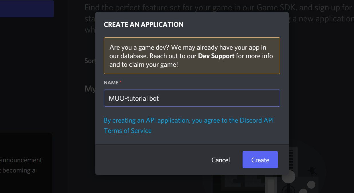Создание приложения в консоли разработчика Discord — ввод имени