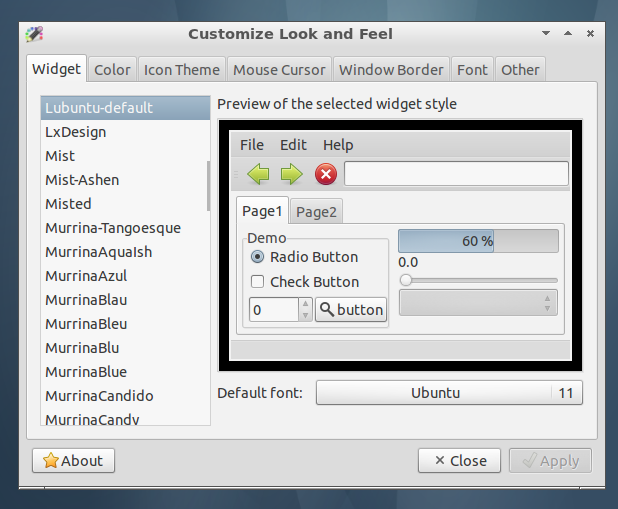Окно настройки внешнего вида LXDE