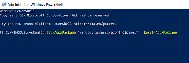 Окно PowerShell с командой для сброса приложения «Параметры»