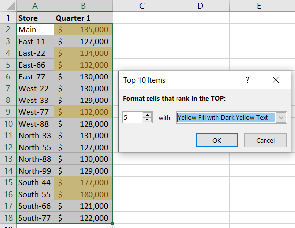 Выделение верхних 5 значений жёлтым