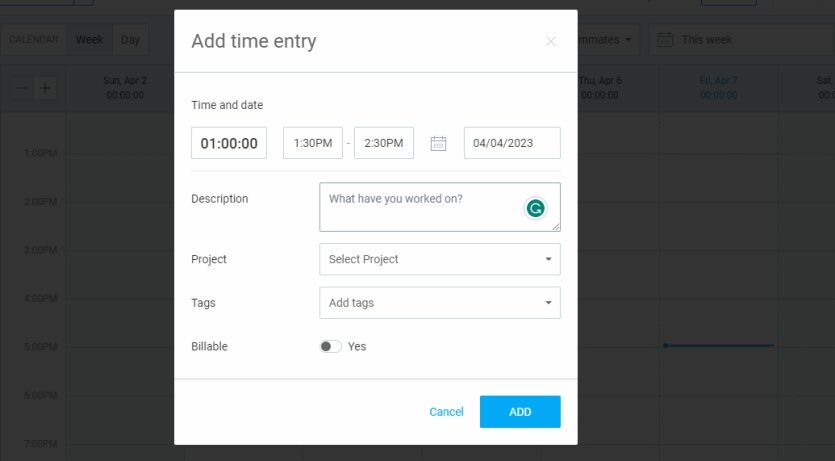 Добавить запись времени в Clockify