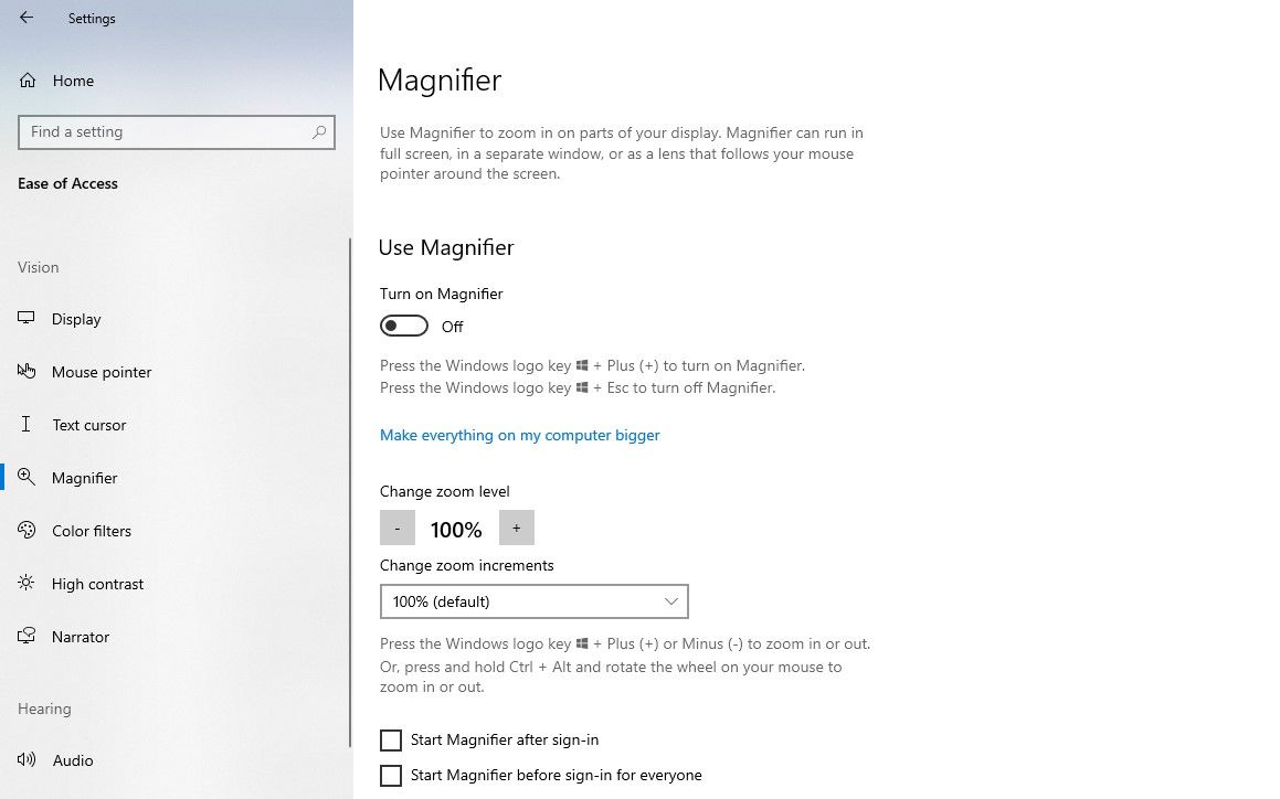 параметры лупы в Windows