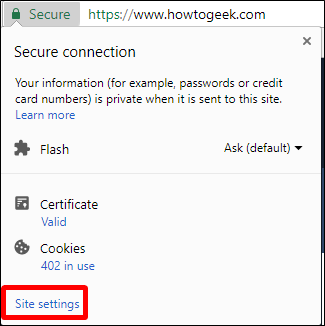 Скриншот: меню настроек сайта, доступное слева от адресной строки