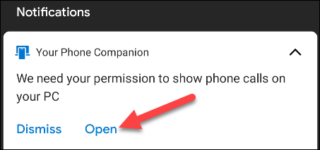 Уведомление на телефоне для открытия диалога разрешений