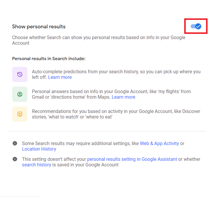 Скриншот: переключатель персональных результатов в веб