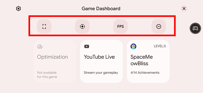Список переключателей и ярлыков в Game Dashboard
