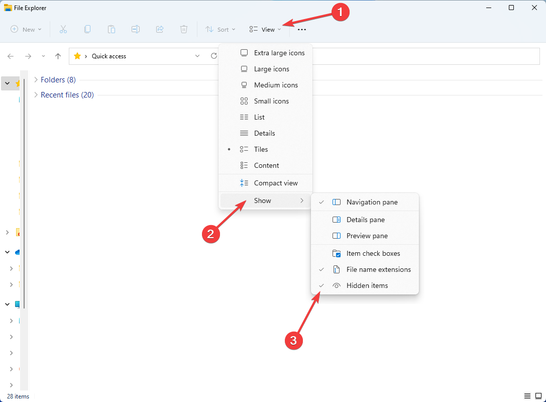 Параметр «Показать скрытые элементы» в Проводнике Windows