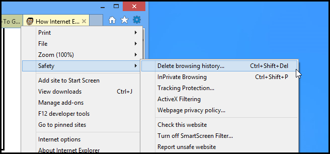 Меню удаления истории в Internet Explorer