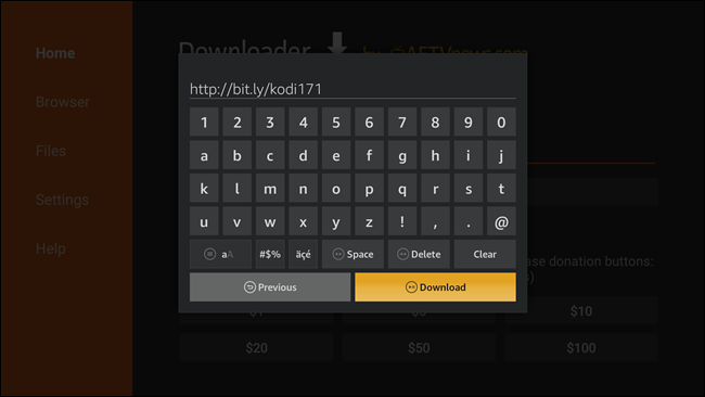 Скриншот ввода URL в Downloader