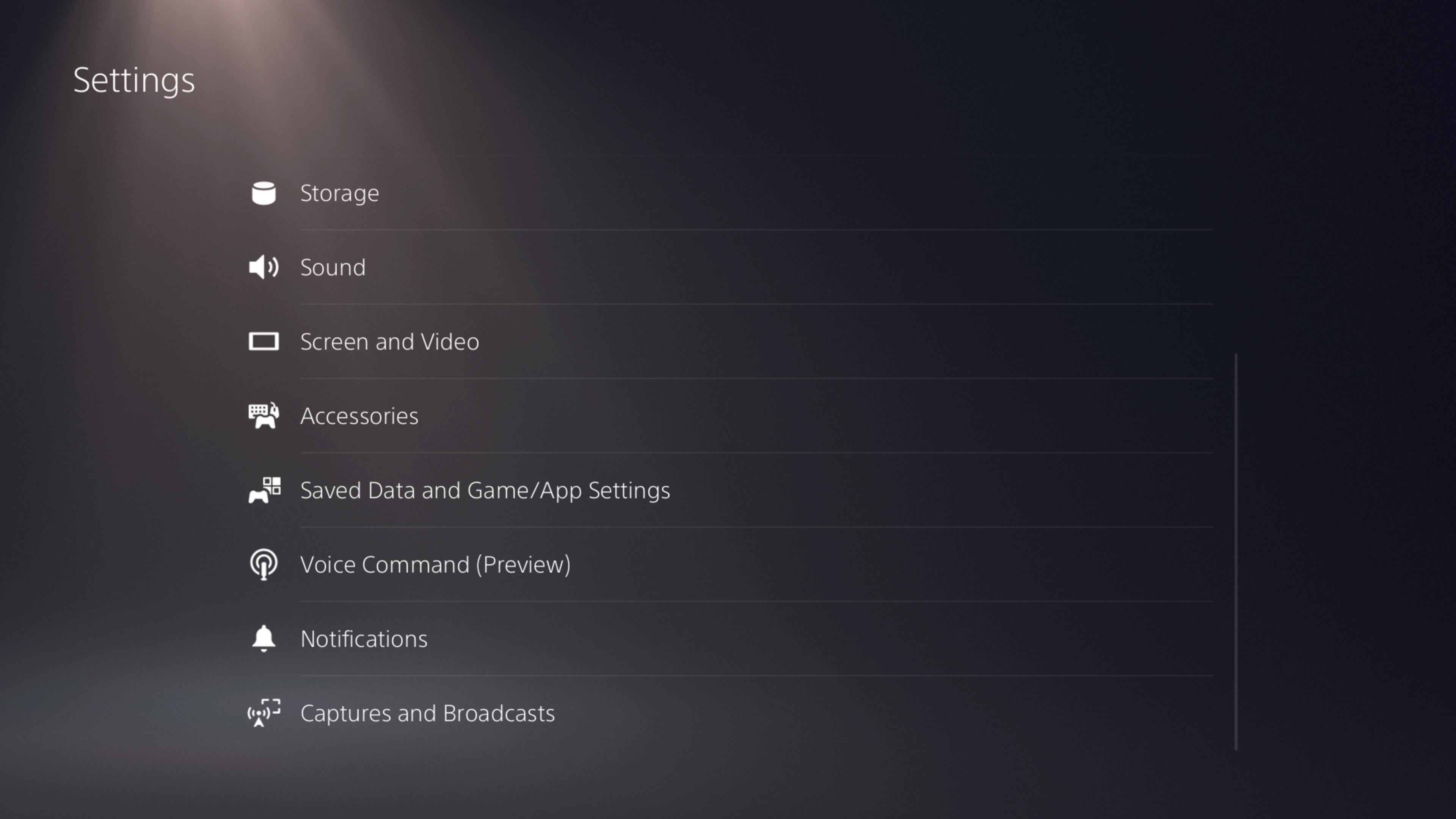 Settings page in PS5