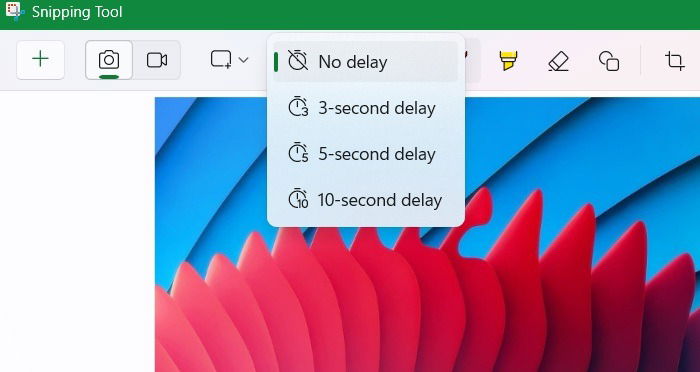 Окно Snipping Tool с таймером задержки и опциями