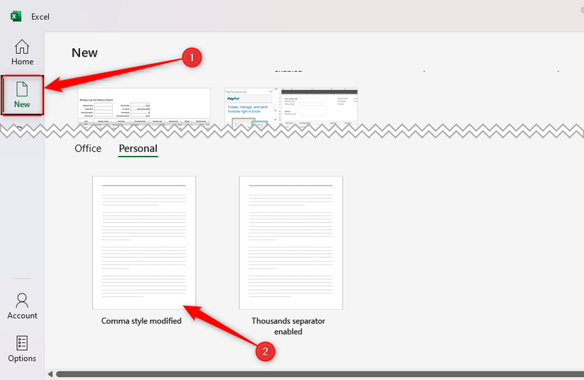 Выбор шаблона Comma style modified в разделе Новые документы.