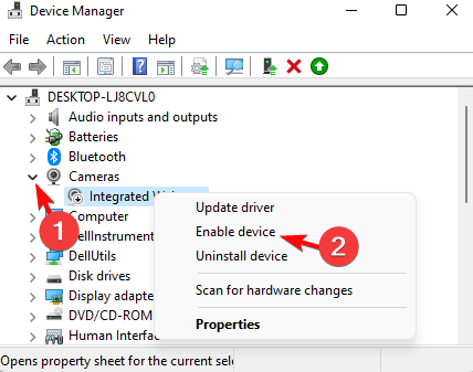 Параметр включить устройство для веб-камеры в Диспетчере