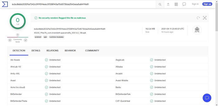VirusTotal analisando um arquivo APK