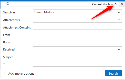 The filter arrow in the Search box.