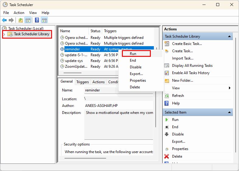 Eseguire la task manualmente per verificare