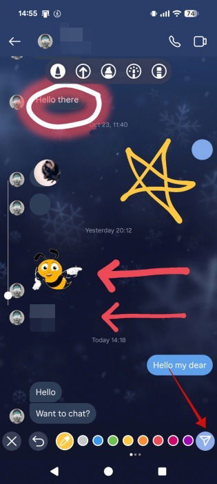Нажатие на кнопку «Отправить» для публикации рисунков в DM Instagram на Android